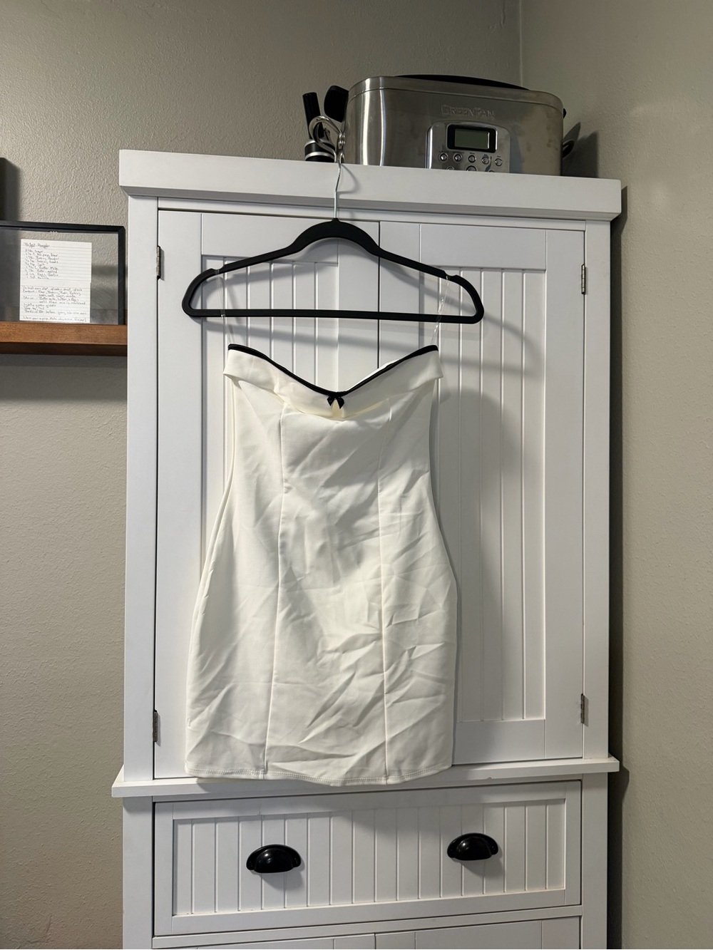 Strapless White Cocktail Dress with Black Trim